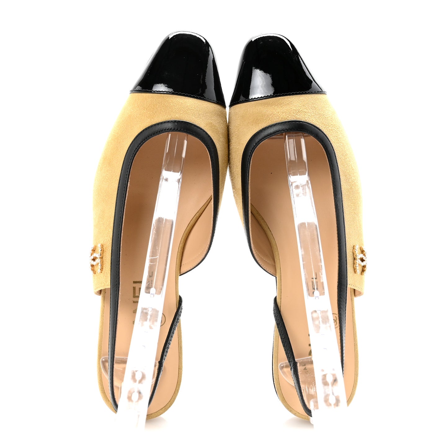 Suede Kidskin Lambskin Patent Calfskin Crystal CC Cap Toe Slingback Flats 37.5 Beige Black