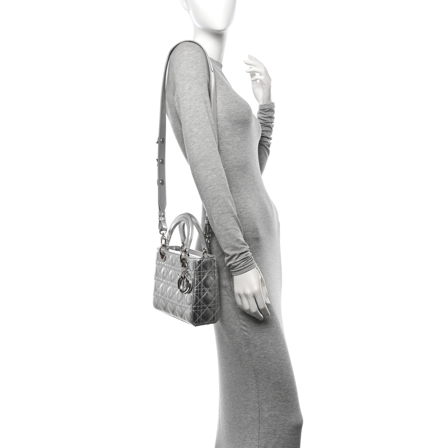 Metallic Grained Calfskin Cannage Small Lucky Badges My Lady Dior Silver