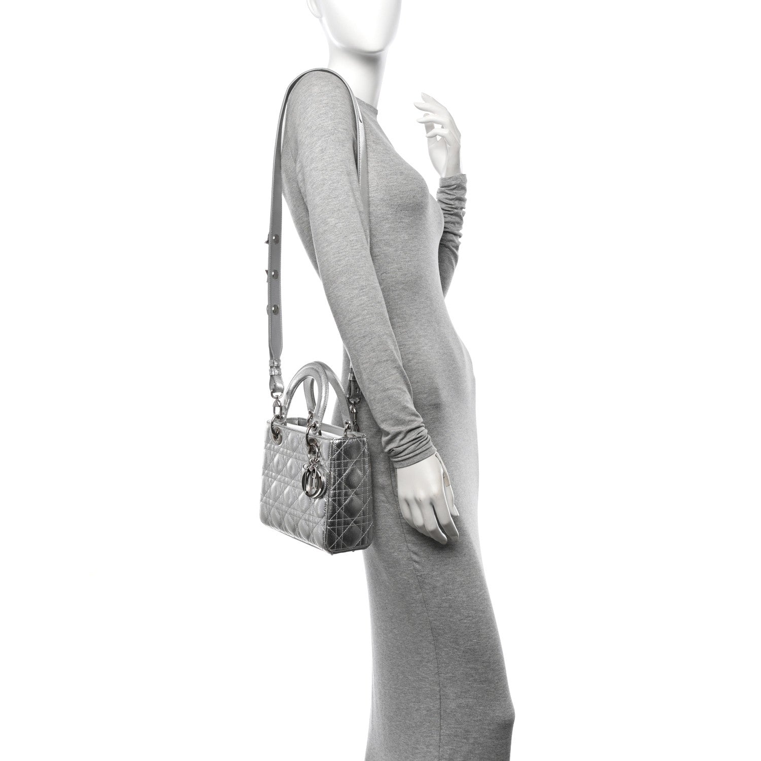 Christian Dior Metallic Grained Calfskin Cannage Small Lucky Badges My Lady Dior Silver 2 of 12