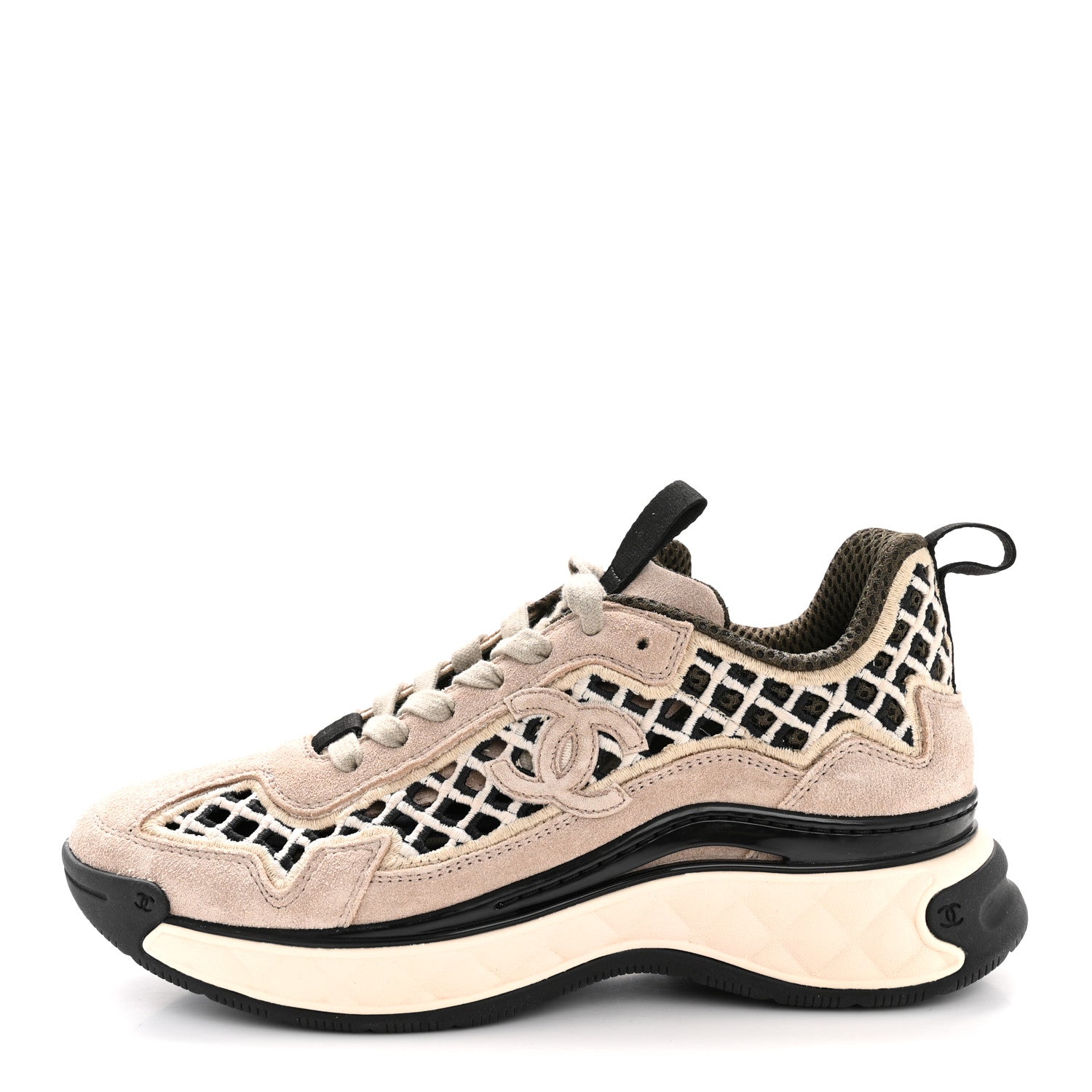 Chanel Suede Calfskin Embroidered CC Sneakers 35.5 Beige Black 1 of 9