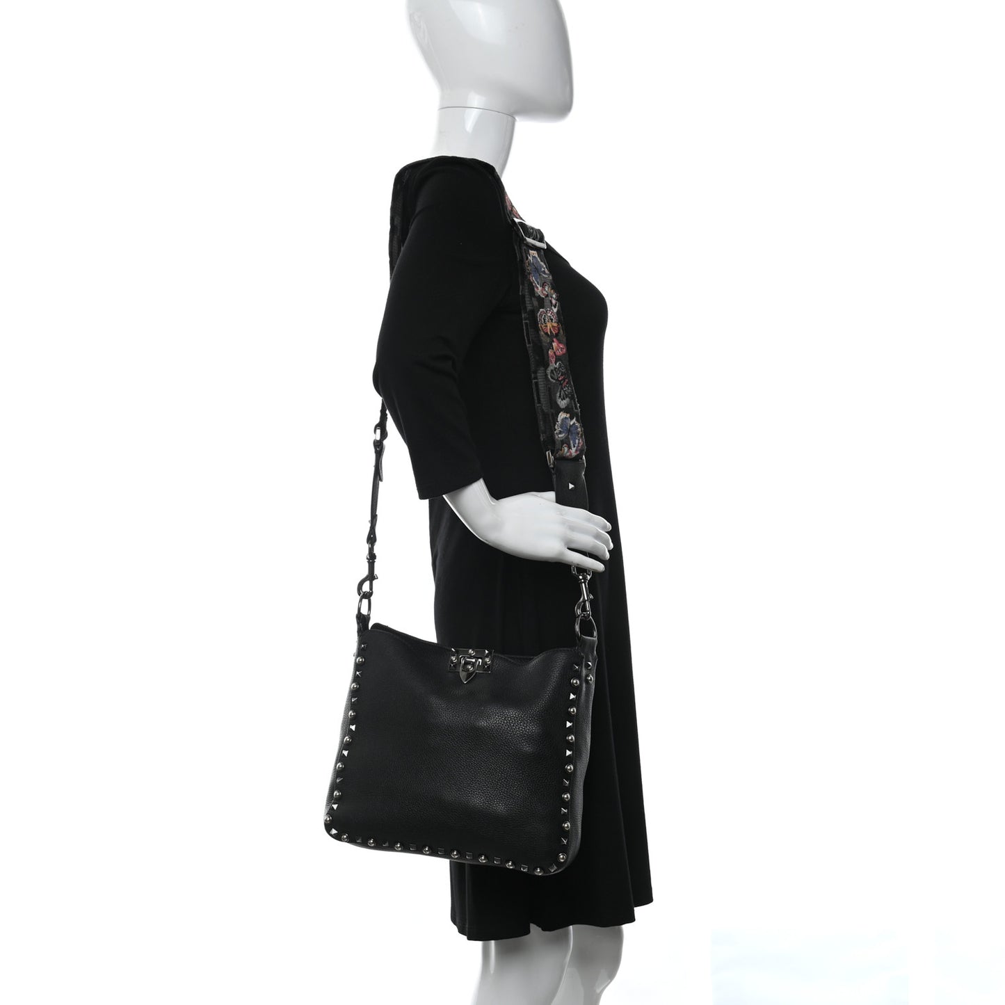 Pebbled Calfskin Butterfly Small Guitar Strap Rockstud Rolling Flip-Lock Messenger Bag Black