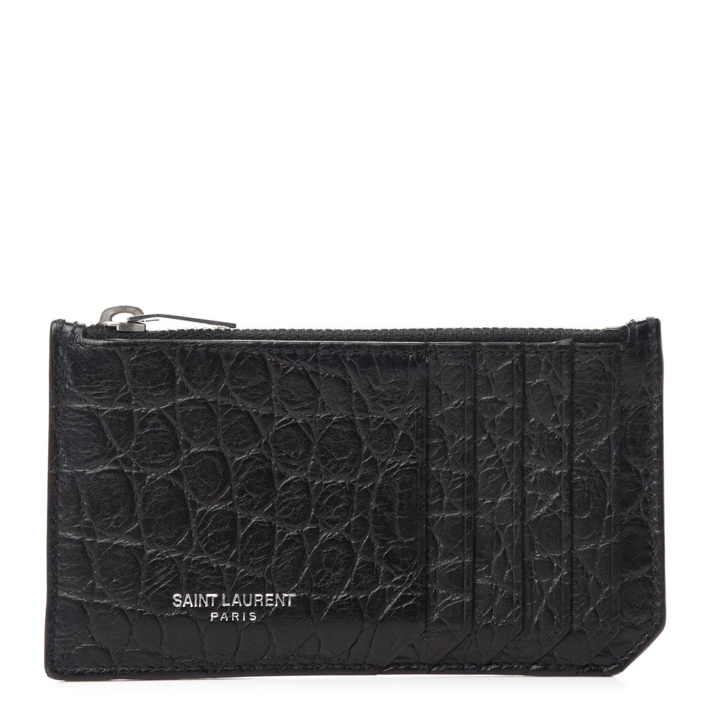 Calfskin Crocodile Embossed 5 Fragments Zip Pouch Card Holder Black