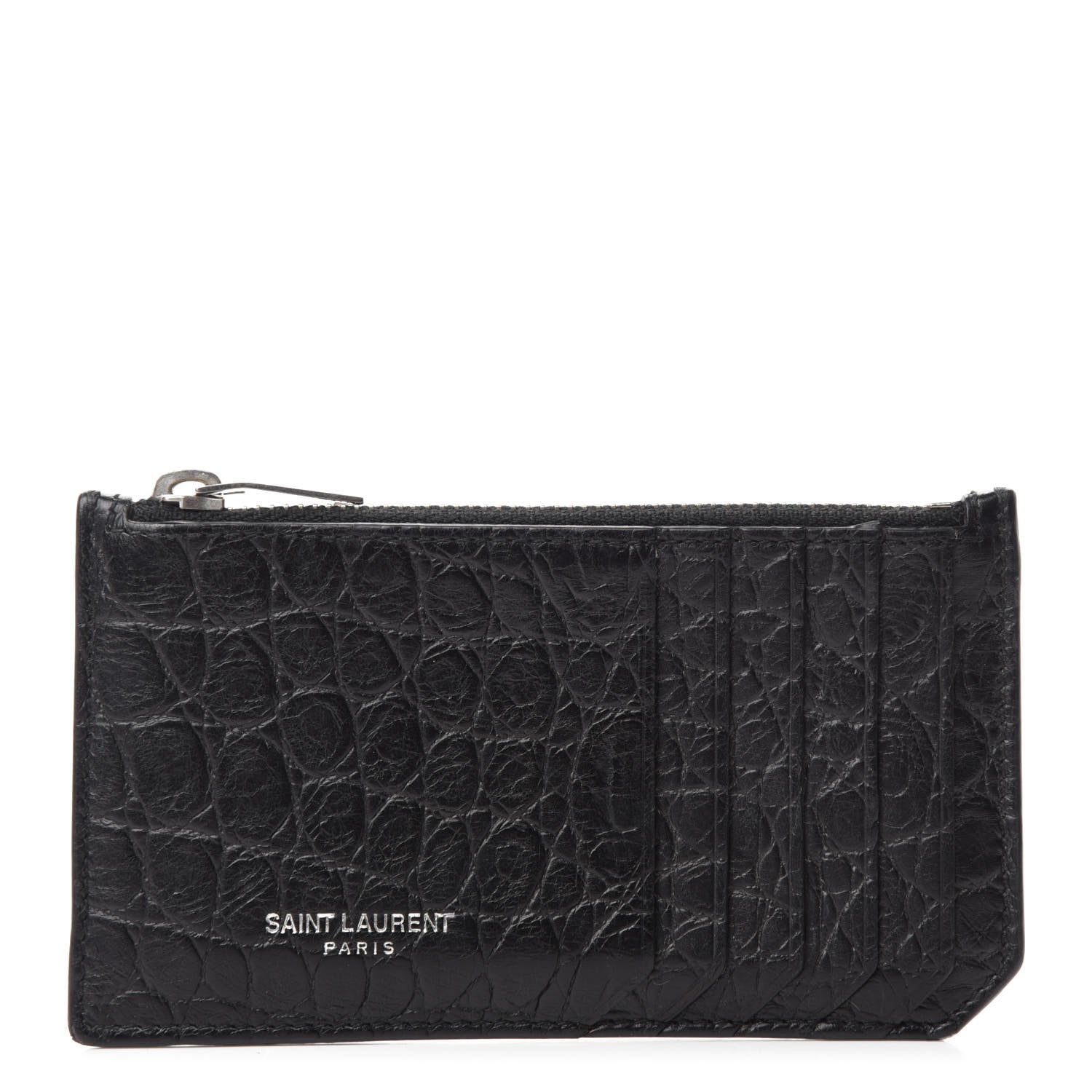 Saint Laurent Calfskin Crocodile Embossed 5 Fragments Zip Pouch Card Holder Black 1 of 8