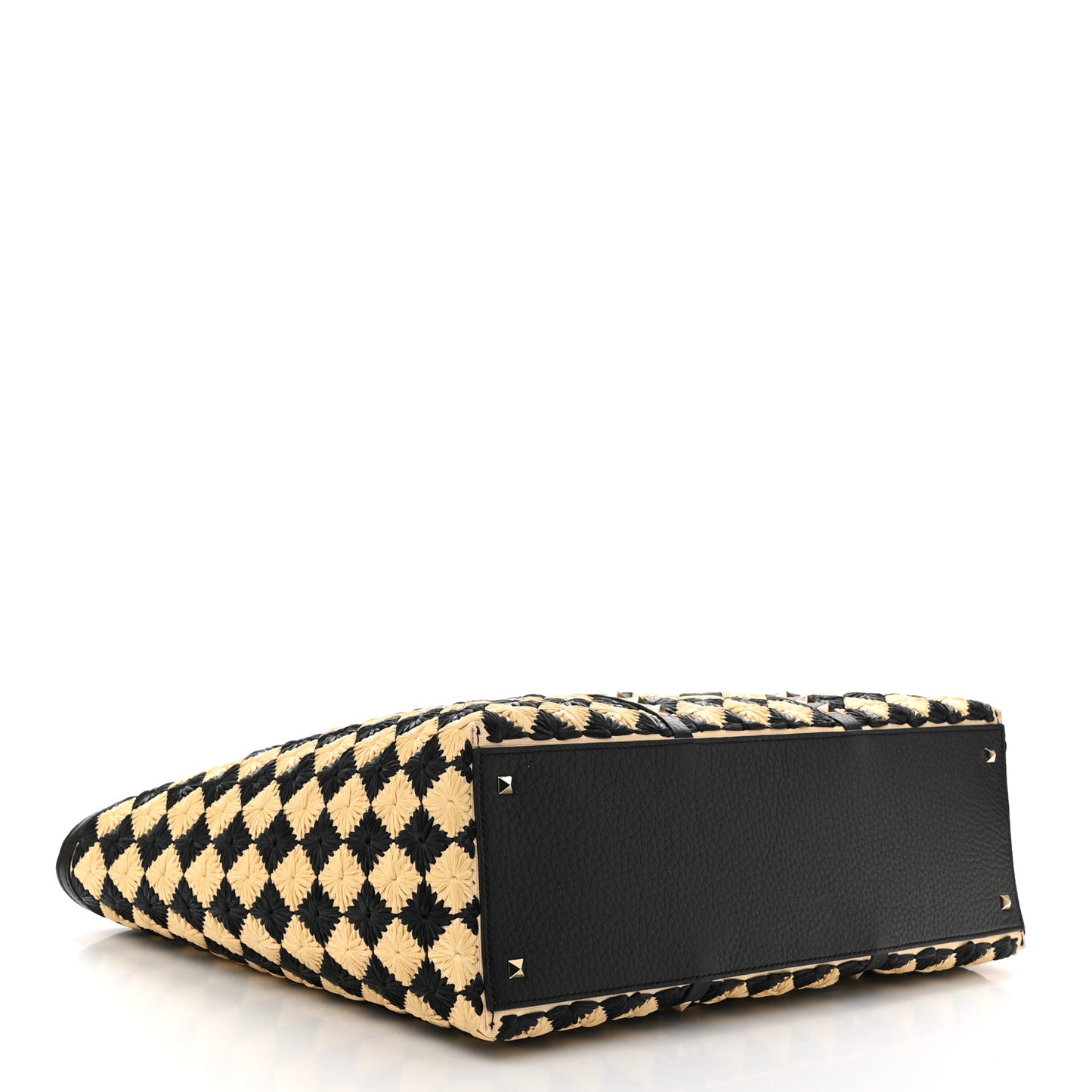 Raffia Embroidered Checkered Calfskin Rockstud Shopping Tote Natural Black