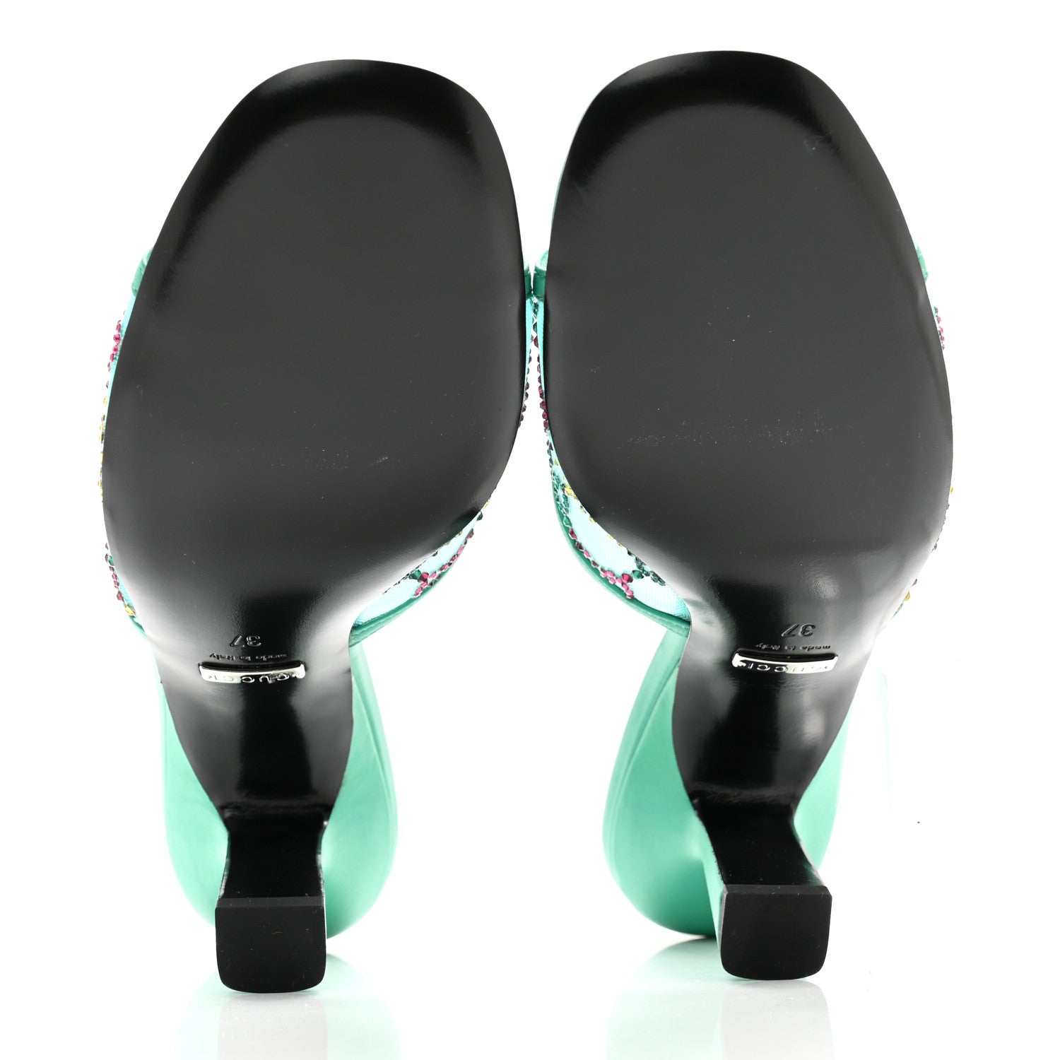 Gucci Tela Retino Nappa Crystal GG Monogram Square G 95mm Slide Sandals 37 Turquoise 6 of 9