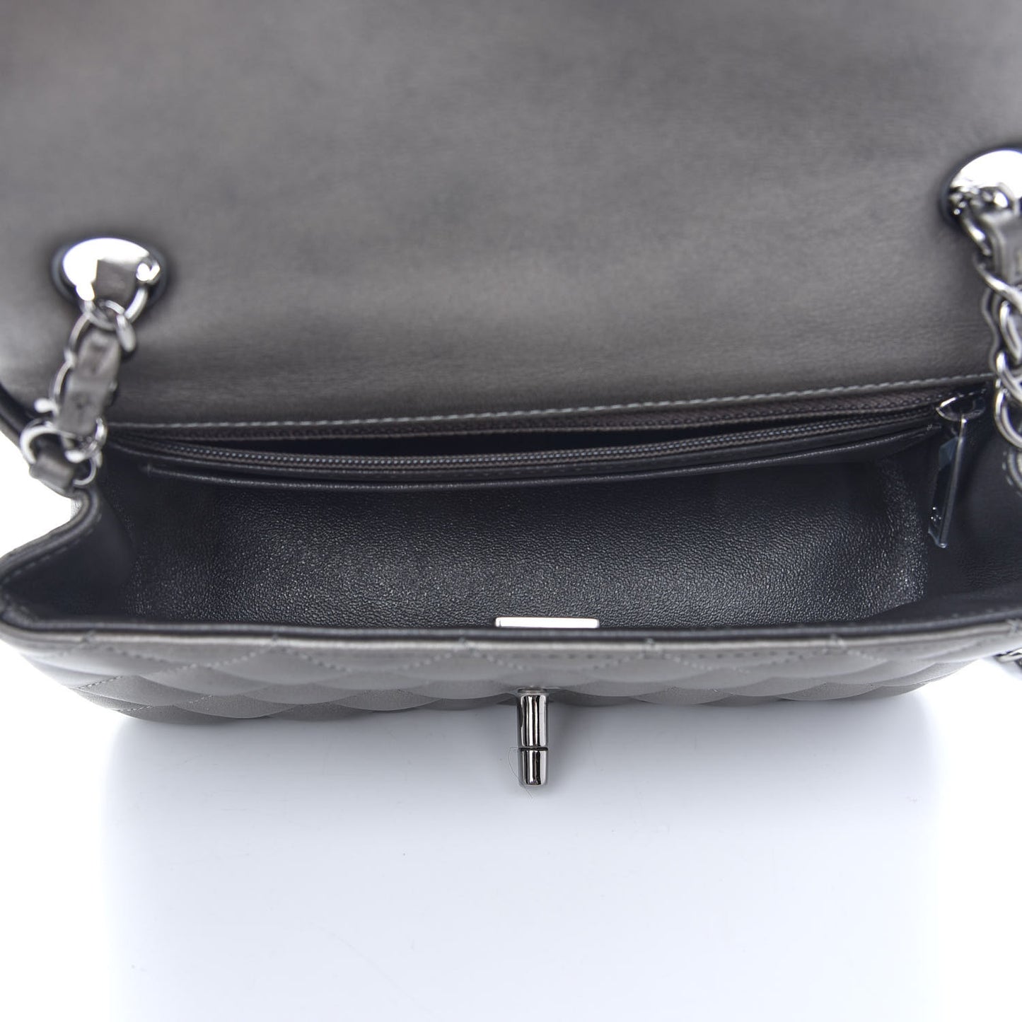 Metallic Calfskin Quilted Mini Rectangular Flap Ruthenium