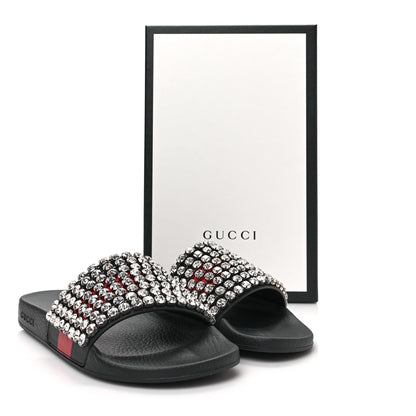 Gucci Calfskin Crystal Embellished Web Slide Sandals 41 Blue Red 7 of 7