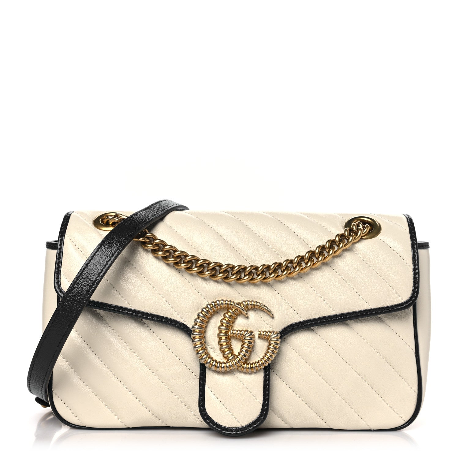 Gucci Vintage Effect Calfskin Matelasse Diagonal Small Torchon GG Marmont Shoulder Bag Mystic White Blue Agata 1 of 9