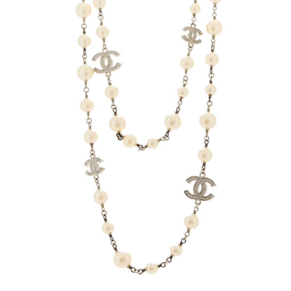 Chanel Graduated Pearl Crystal CC Long Necklace Silver 1 of 4