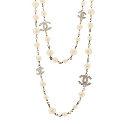 Chanel Graduated Pearl Crystal CC Long Necklace Silver 1 of 4