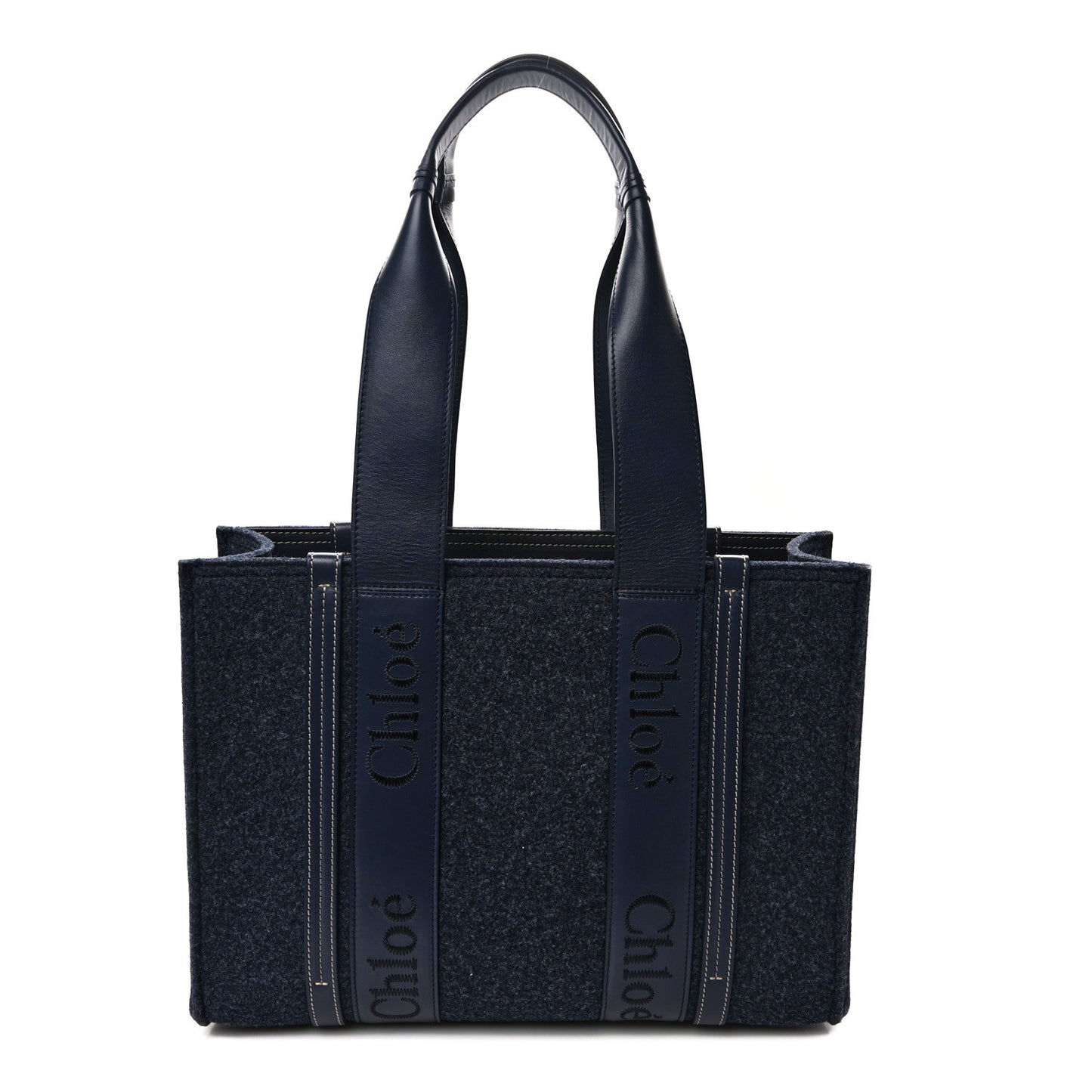 Felt Shiny Calfskin Medium Woody Ribbon Tote Obscure Navy
