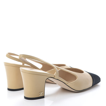 Chanel Goatskin Grosgrain Cap Toe CC Slingback Pumps 39.5 Beige Black 4 of 9