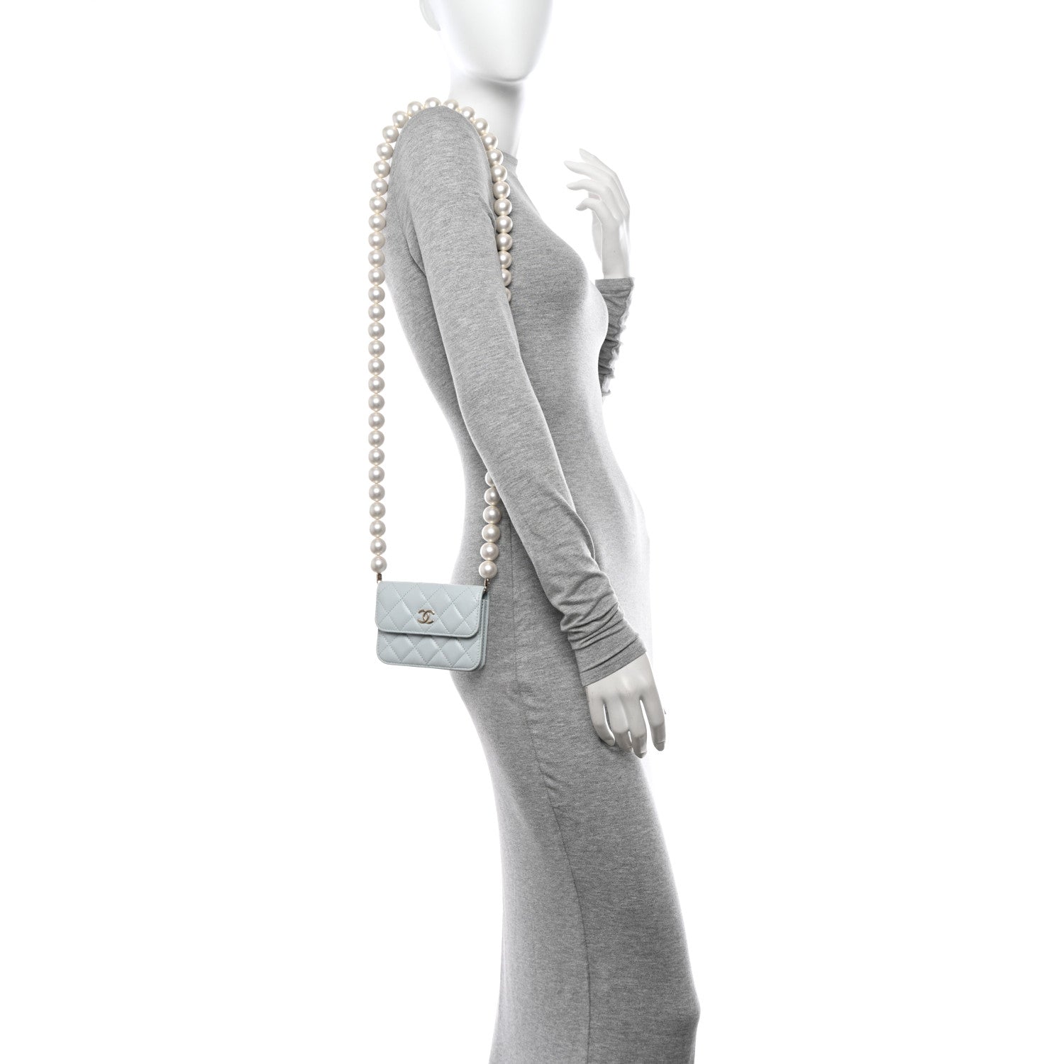 Chanel Calfskin Quilted Maxi Pearls Card Holder Flap With Chain Light Blue 2 of 11