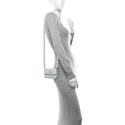 Chanel Calfskin Quilted Maxi Pearls Card Holder Flap With Chain Light Blue 2 of 11