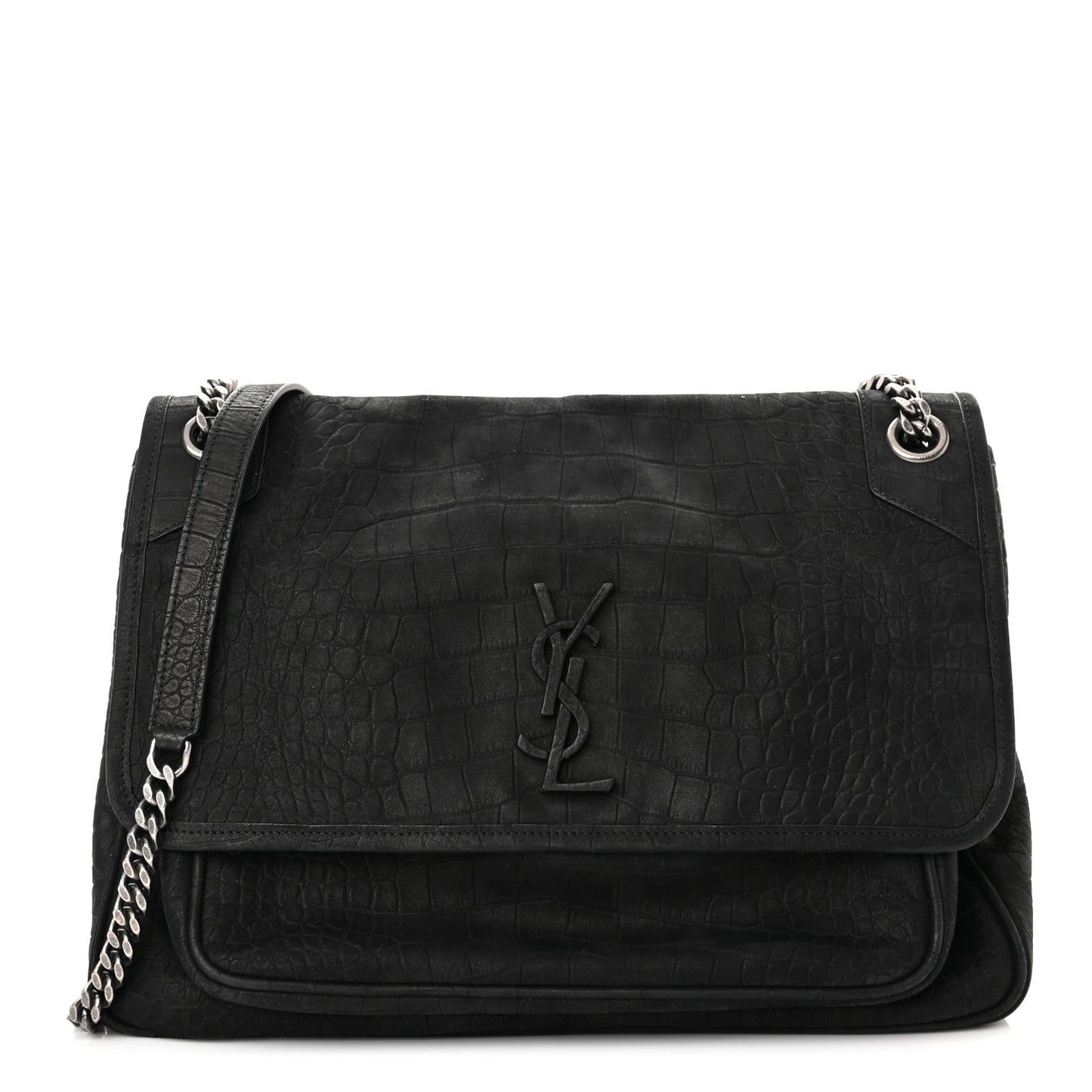 Nubuck Crocodile Embossed Monogram Medium Niki Chain Satchel Black