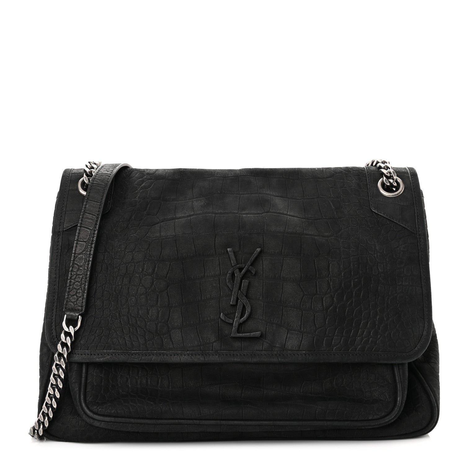 Saint Laurent Nubuck Crocodile Embossed Monogram Medium Niki Chain Satchel Black 1 of 10