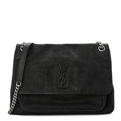 Saint Laurent Nubuck Crocodile Embossed Monogram Medium Niki Chain Satchel Black 1 of 10