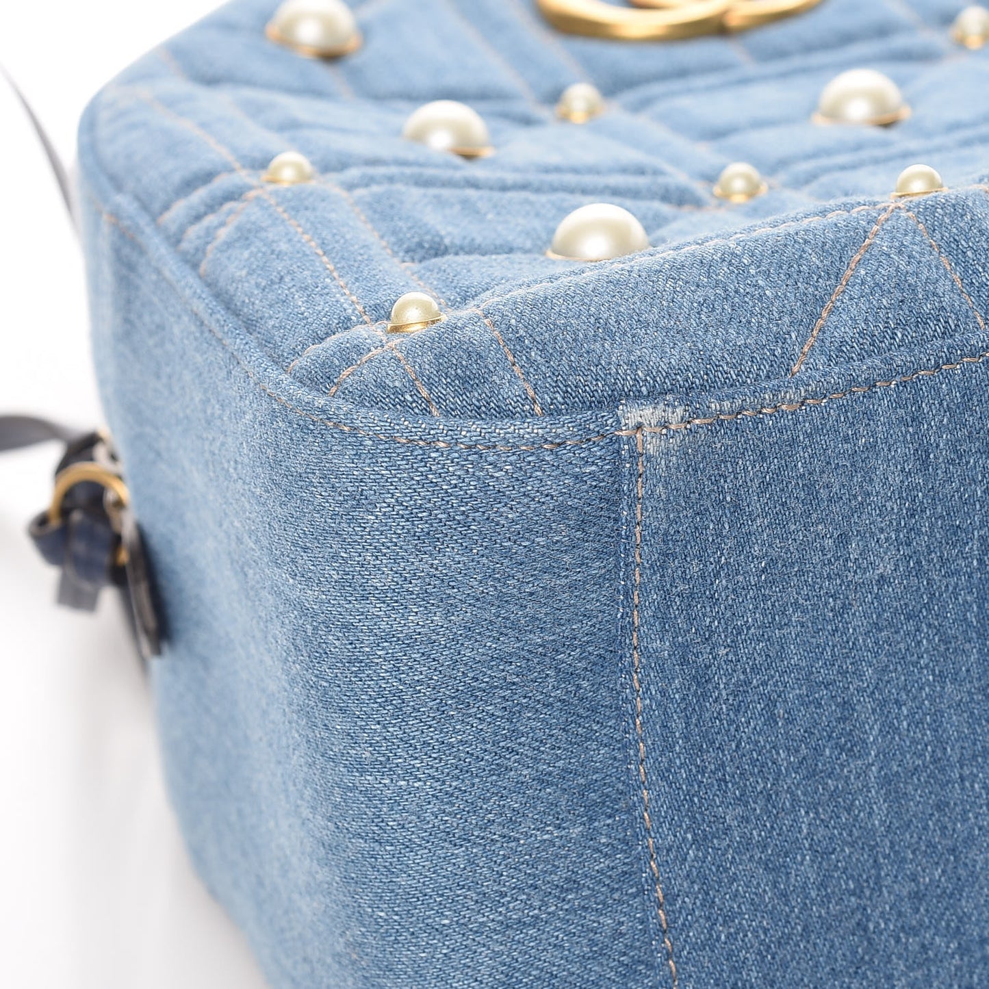 Kura Denim Matelasse Cubic Pearl Studded GG Marmont Dome Backpack Blue