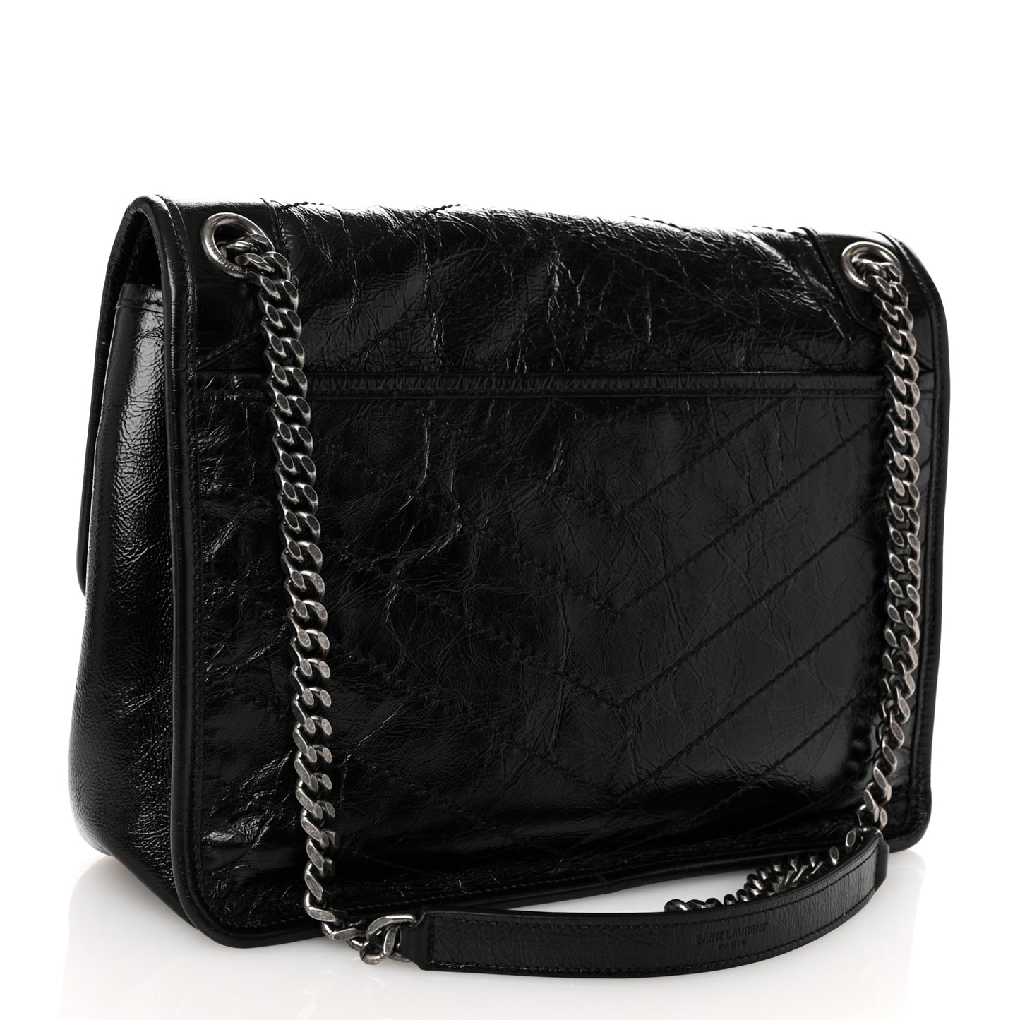 Crinkled Calfskin Matelasse Monogram Medium Niki Chain Satchel Black