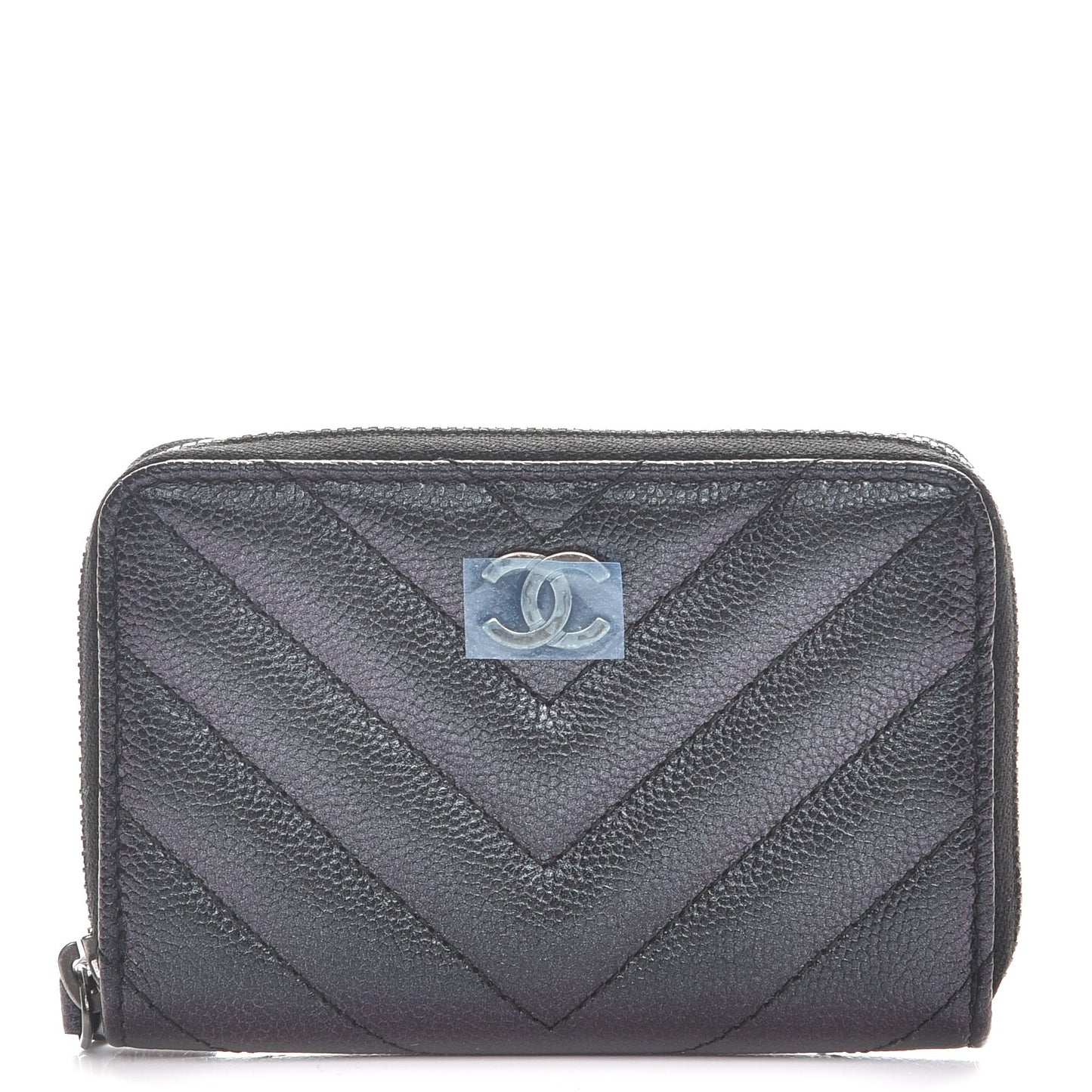 Iridescent Caviar Chevron Quilted Zip Around Coin Purse Black