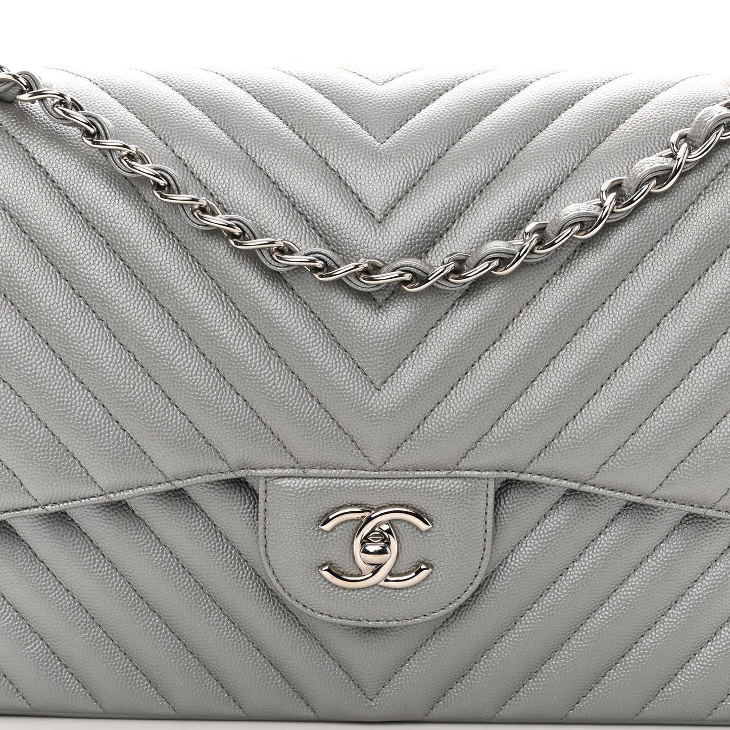 Metallic Caviar Chevron Quilted Jumbo Double Flap Silver