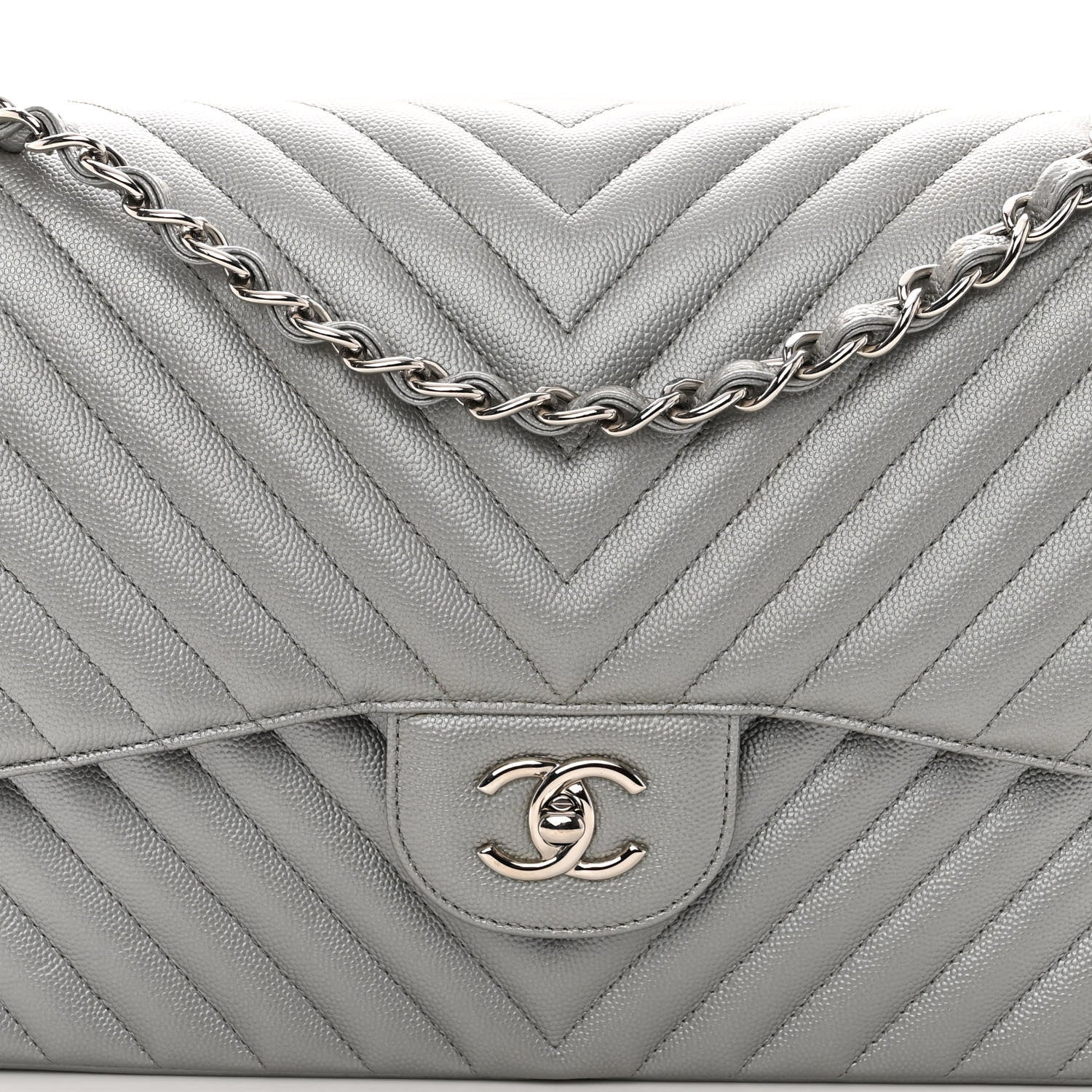 Chanel Metallic Caviar Chevron Quilted Jumbo Double Flap Silver 8 of 10