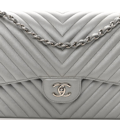 Chanel Metallic Caviar Chevron Quilted Jumbo Double Flap Silver 8 of 10