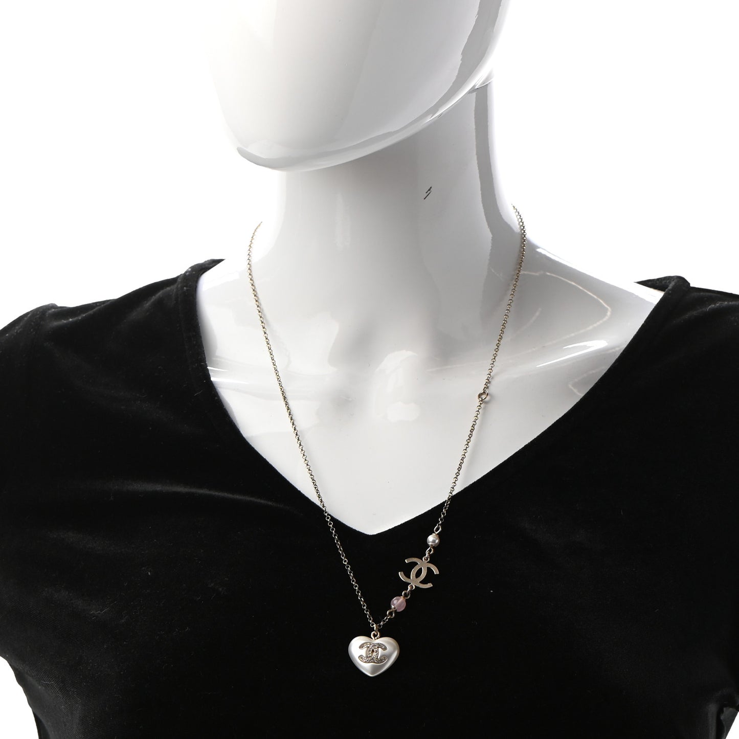 Resin Crystal CC Heart Necklace Pearly White Gold