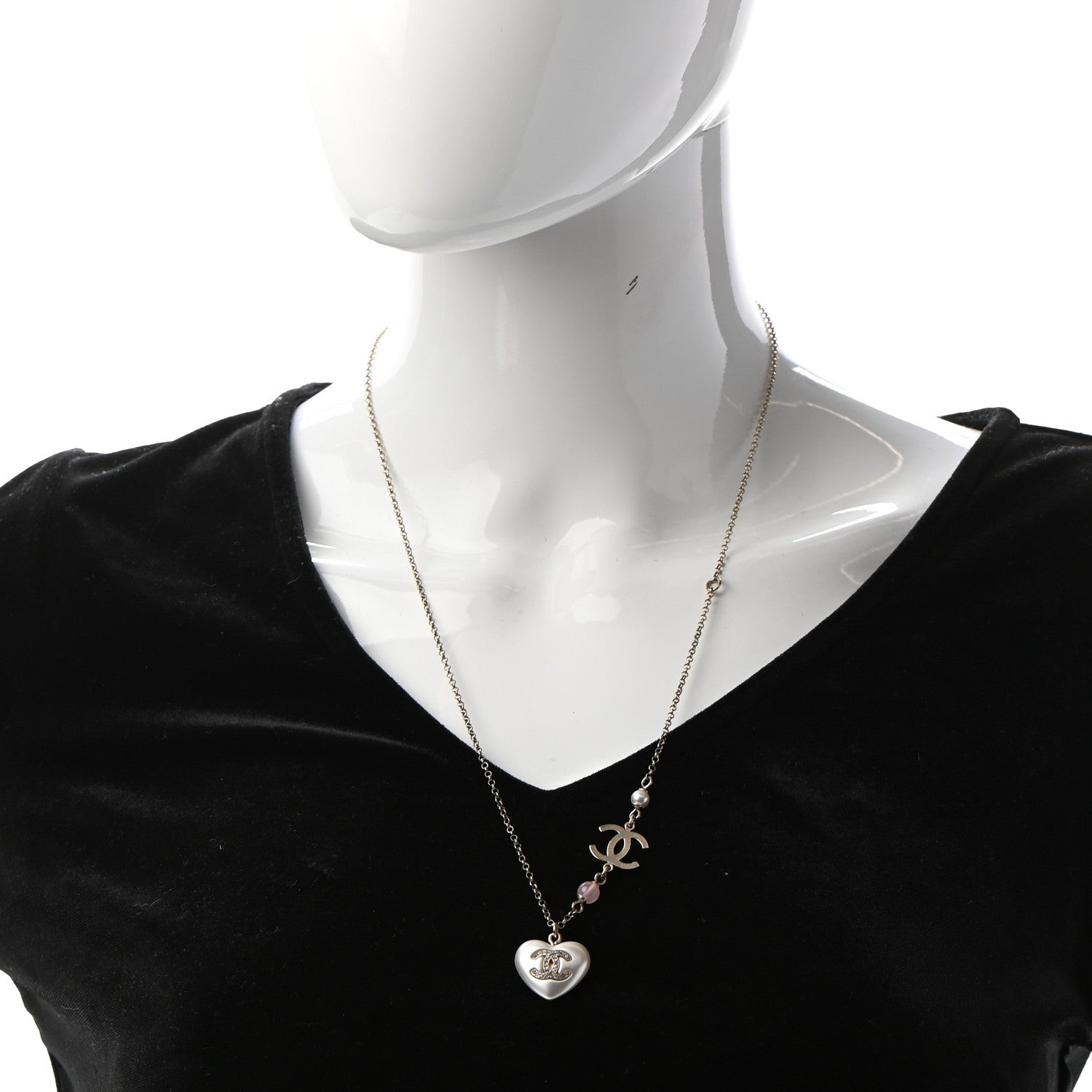 Chanel Resin Crystal CC Heart Necklace Pearly White Gold 2 of 5