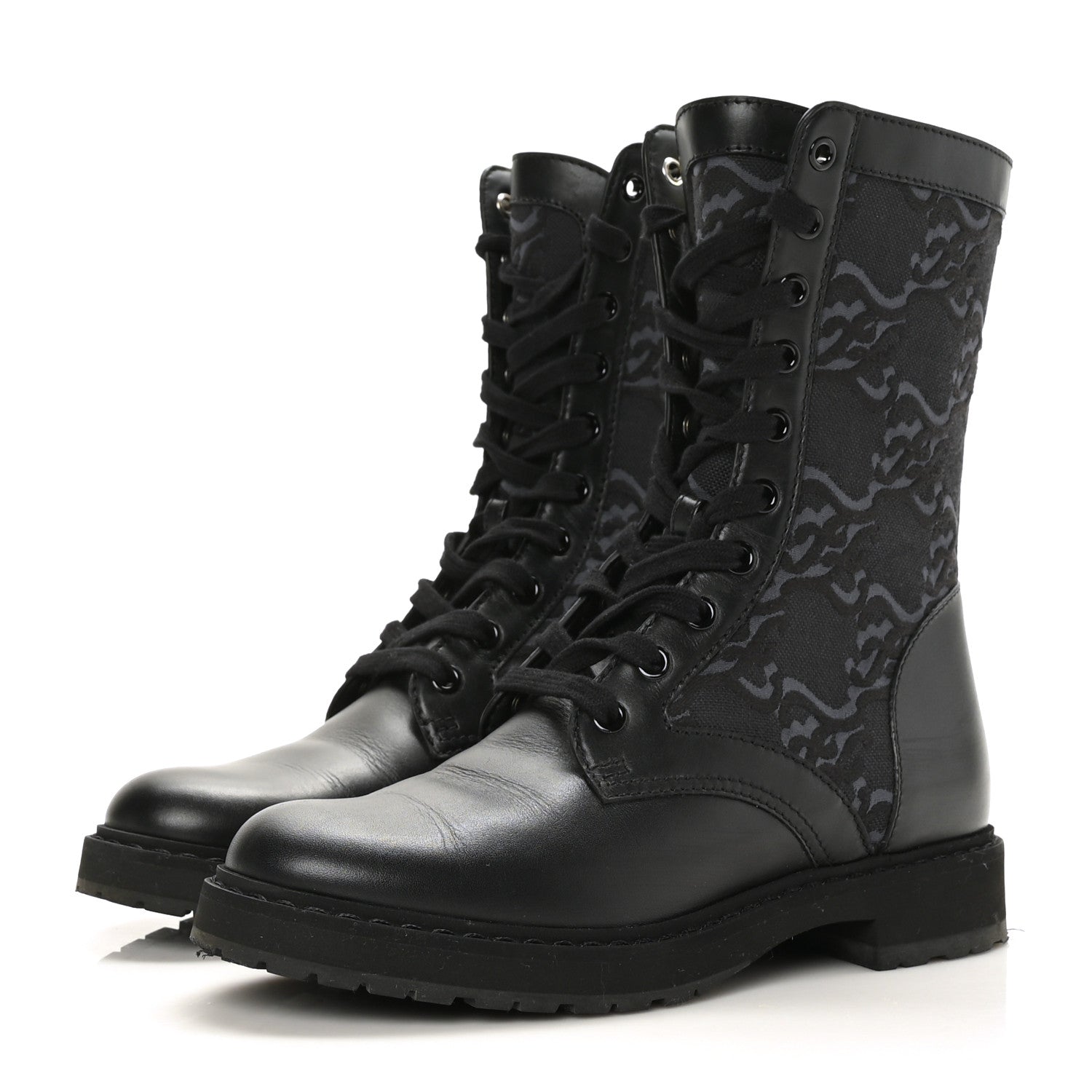 Fendi Vitello Fabric Jacquard Karligraphy Embroidered Womens Combat Boots 37 Black 3 of 6