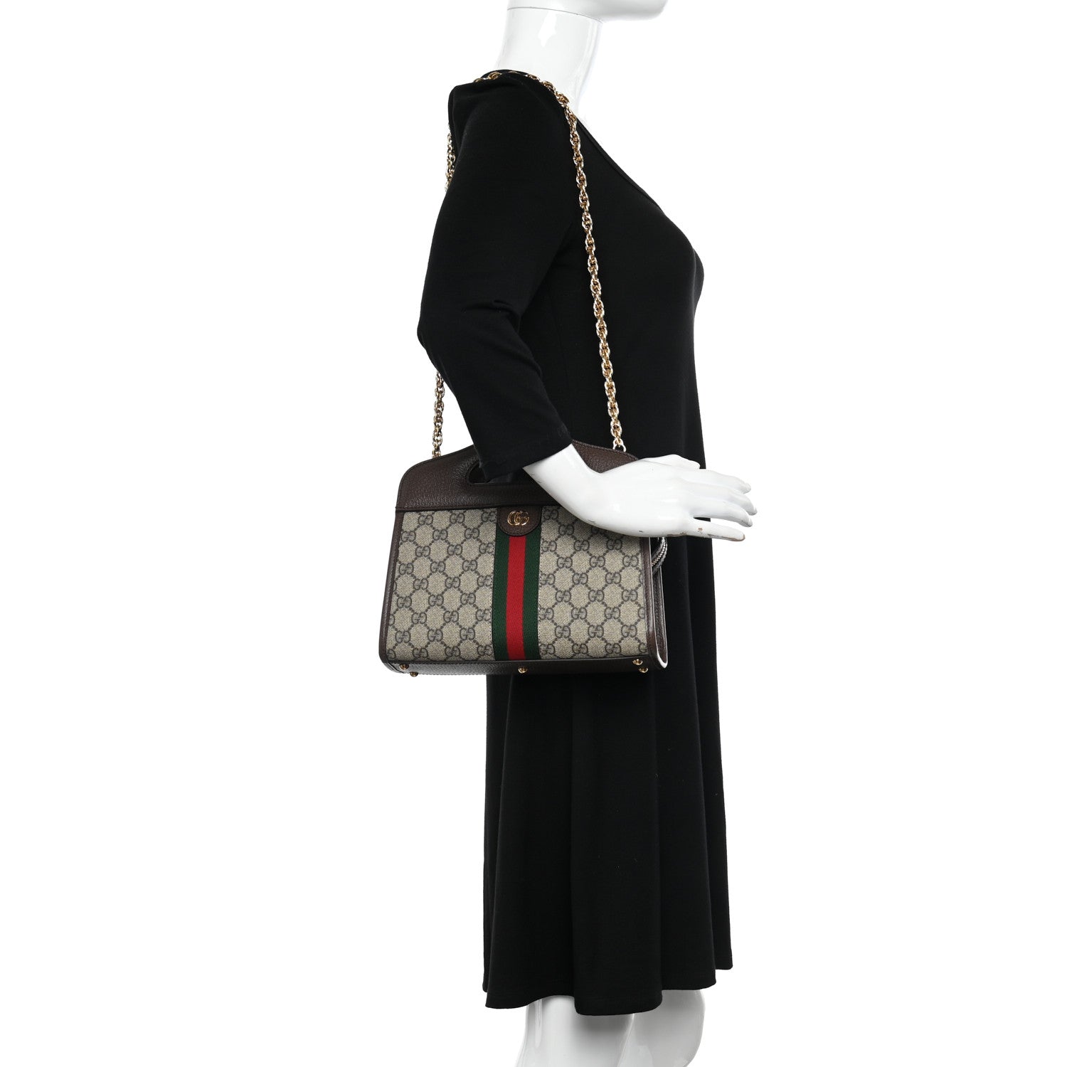 Gucci GG Supreme Monogram Textured Dollar Calfskin Web Small Ophidia Slip Handle Tote Beige Ebony New Acero 2 of 9