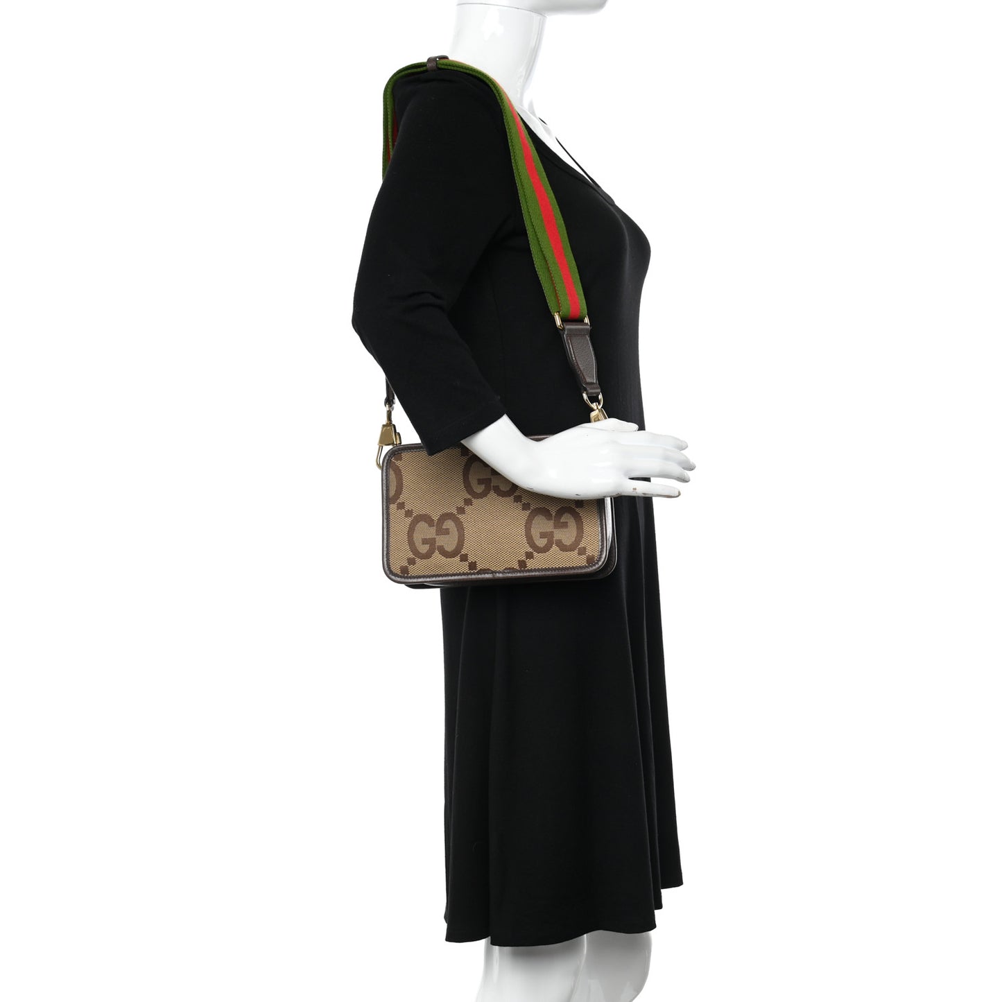 Monogram Jumbo GG Textured Dollar Calfskin Web Mini Crossbody Bag Camel Ebony New Acero
