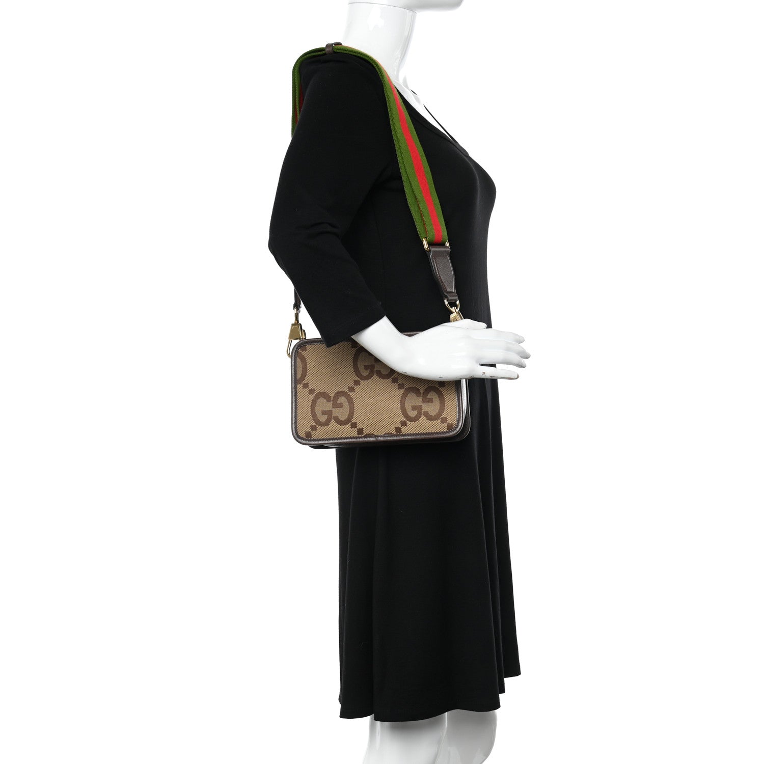 Gucci Monogram Jumbo GG Textured Dollar Calfskin Web Mini Crossbody Bag Camel Ebony New Acero 2 of 11