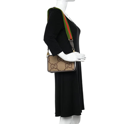 Gucci Monogram Jumbo GG Textured Dollar Calfskin Web Mini Crossbody Bag Camel Ebony New Acero 2 of 11