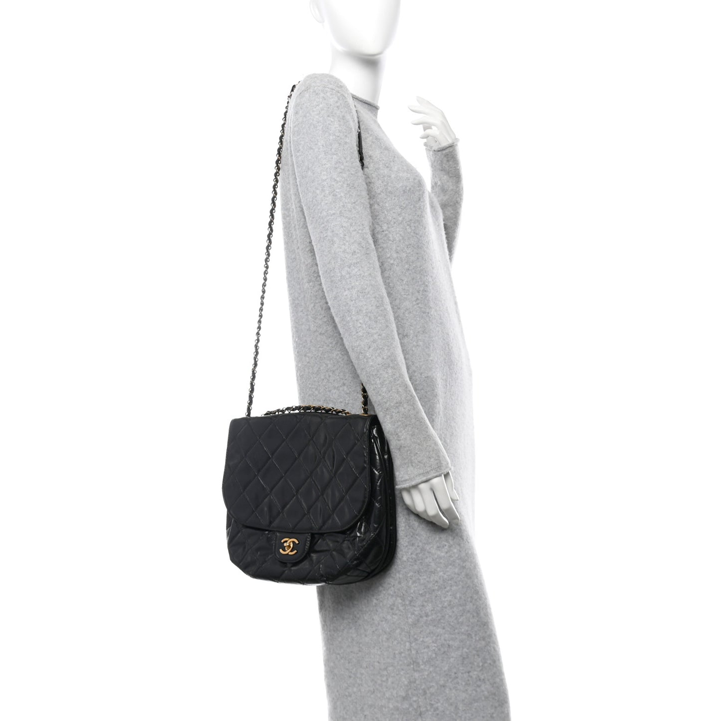 Glazed Calfskin Quilted Medium Bubble CC Flap Black