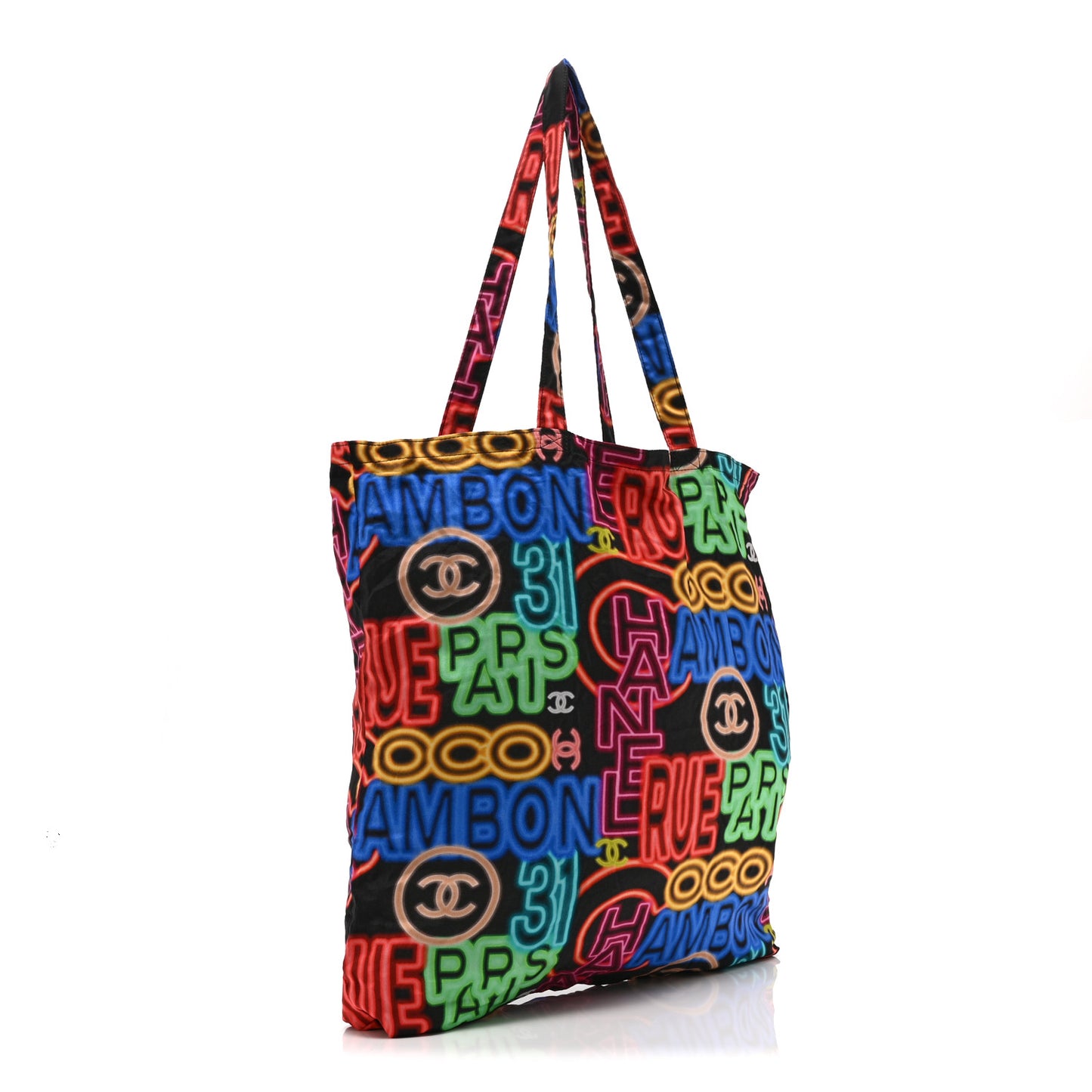 Caviar Fabric Graffiti Foldable Tote Bag With Chain Black Multicolor