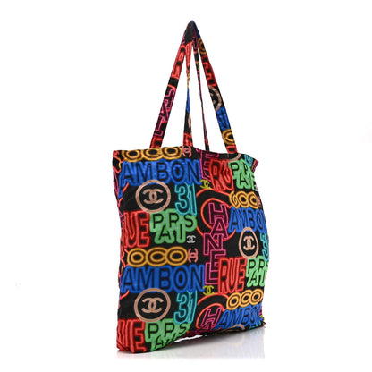 Chanel Caviar Fabric Graffiti Foldable Tote Bag With Chain Black Multicolor 5 of 19