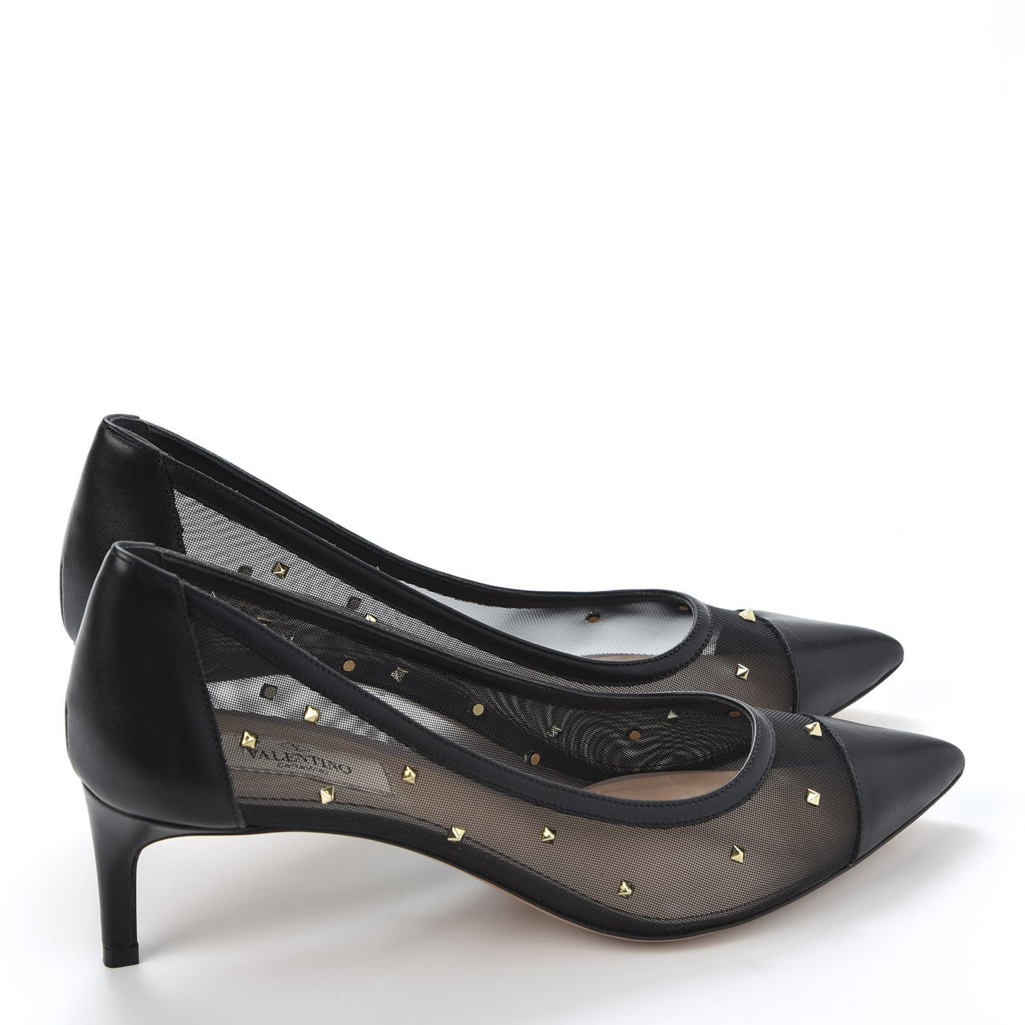 Mesh Embellished Shining Rockstud Low Heel Pumps 38.5 Black