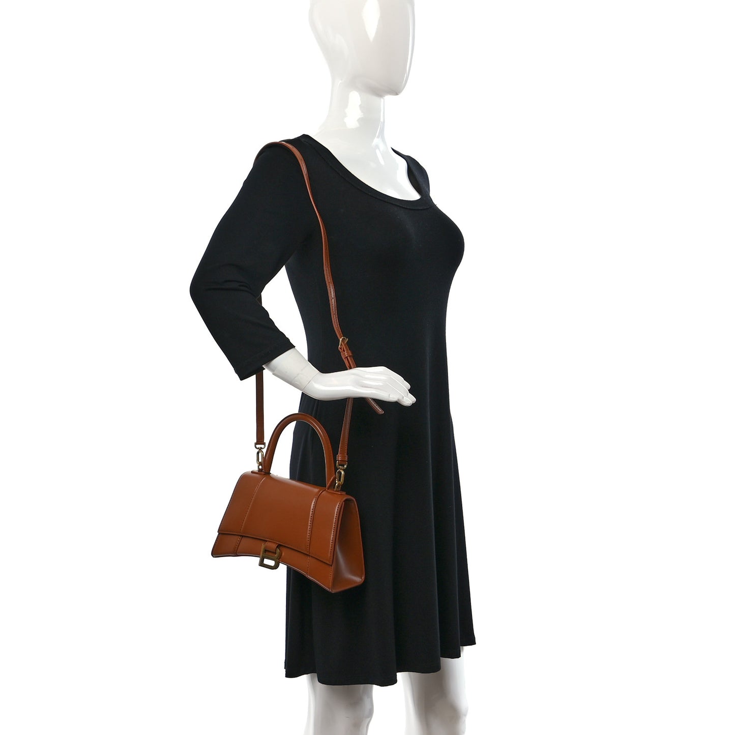 Shiny Box Calfskin Small Hourglass Top Handle Bag Camel