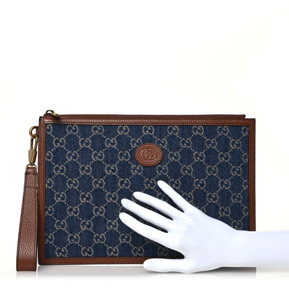 Gucci New Denim GG Monogram Dollar Calfskin Retro Interlocking G Wristlet Pouch Blue Tea Cuir Epilog 2 of 8