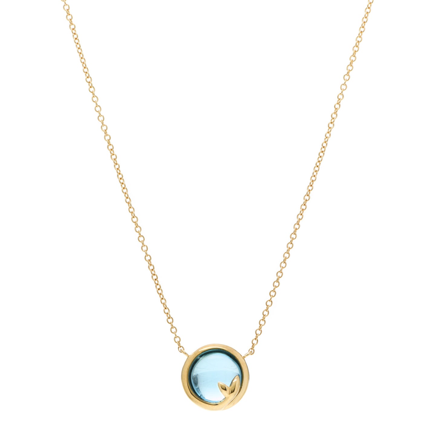 18K Yellow Gold Blue Topaz Olive Leaf Pendant Necklace