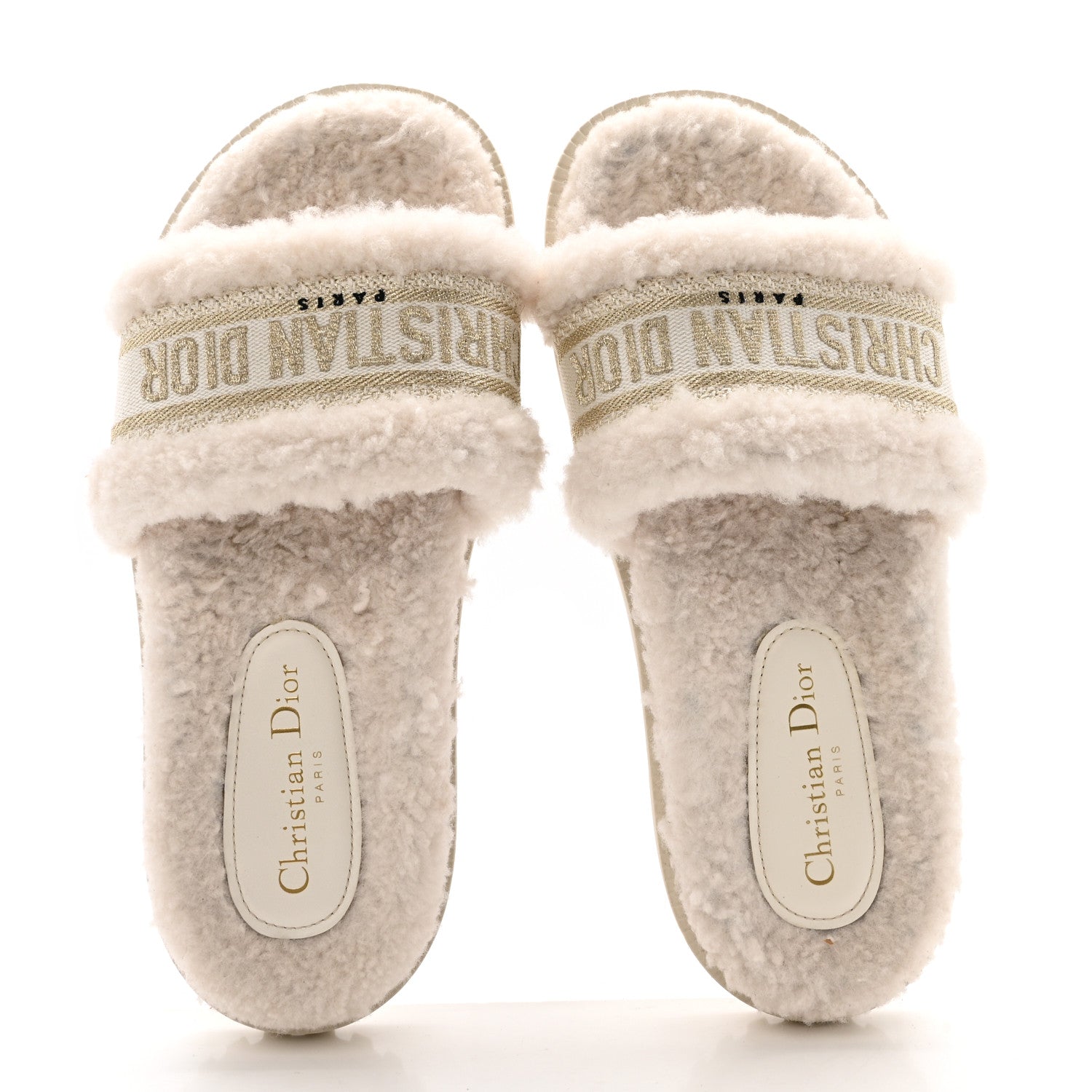 Christian Dior Shearling Canvas Lurex Embroidered Dway 10mm Slide Sandals 39 Natural Platinum 2 of 10