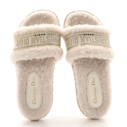 Christian Dior Shearling Canvas Lurex Embroidered Dway 10mm Slide Sandals 39 Natural Platinum 2 of 10