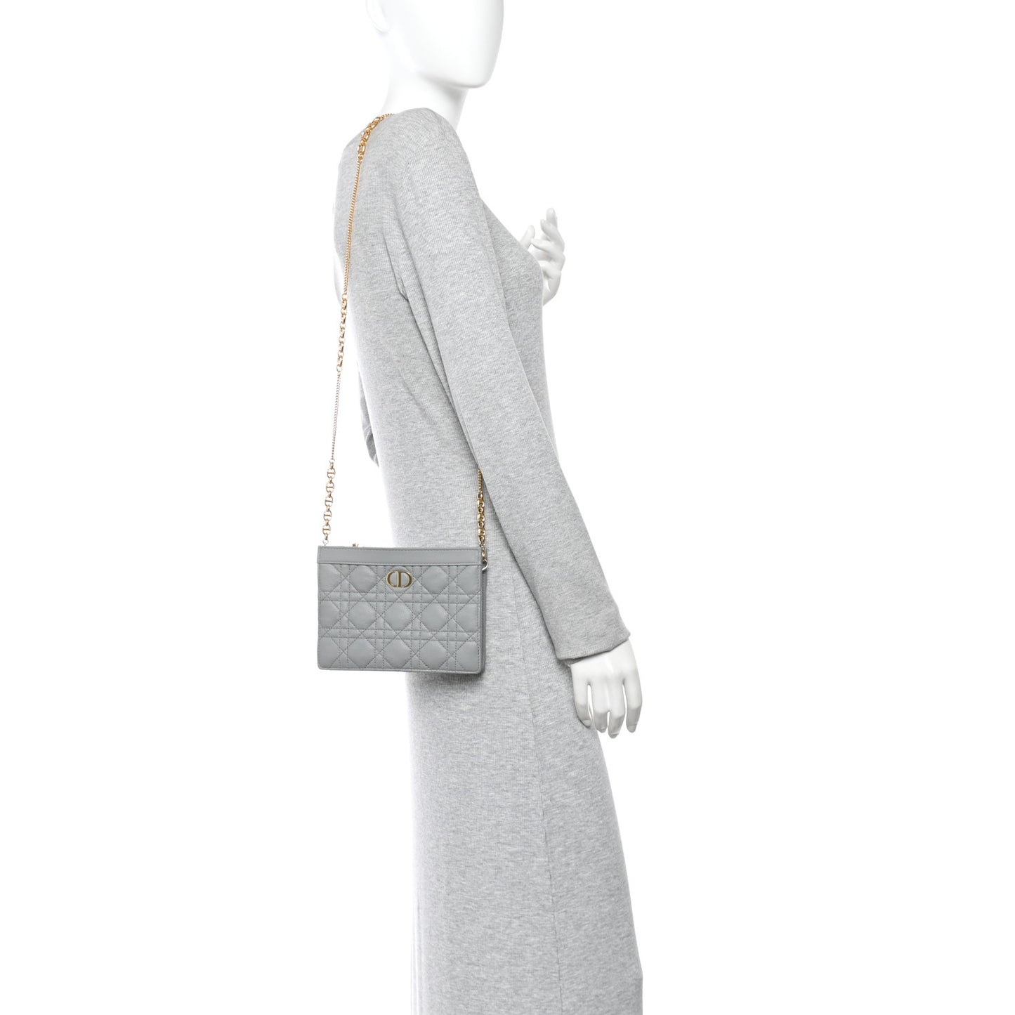 Calfskin Cannage Caro Zipped Pouch With Chain Grey