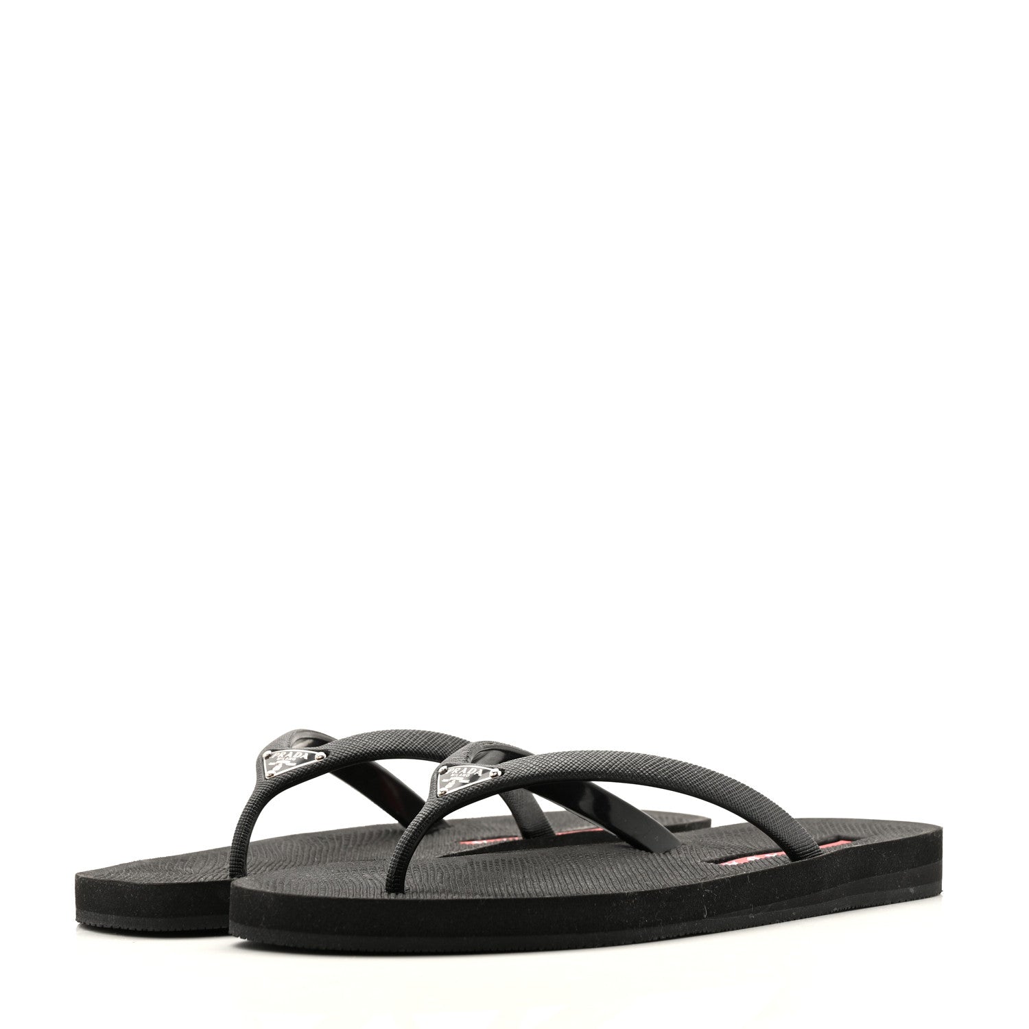 Prada Saffiano Rubber Metal Triangle Thong Sandals 37 Black 4 of 12