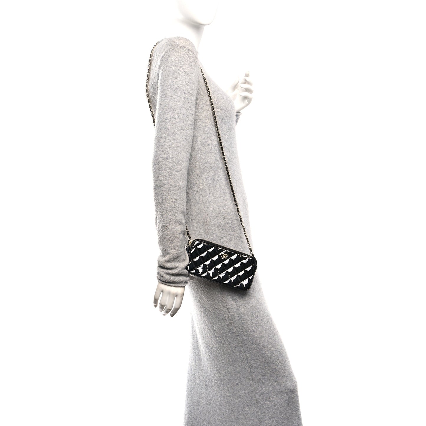 Patent Quilted Small Clutch With Chain Black Blue