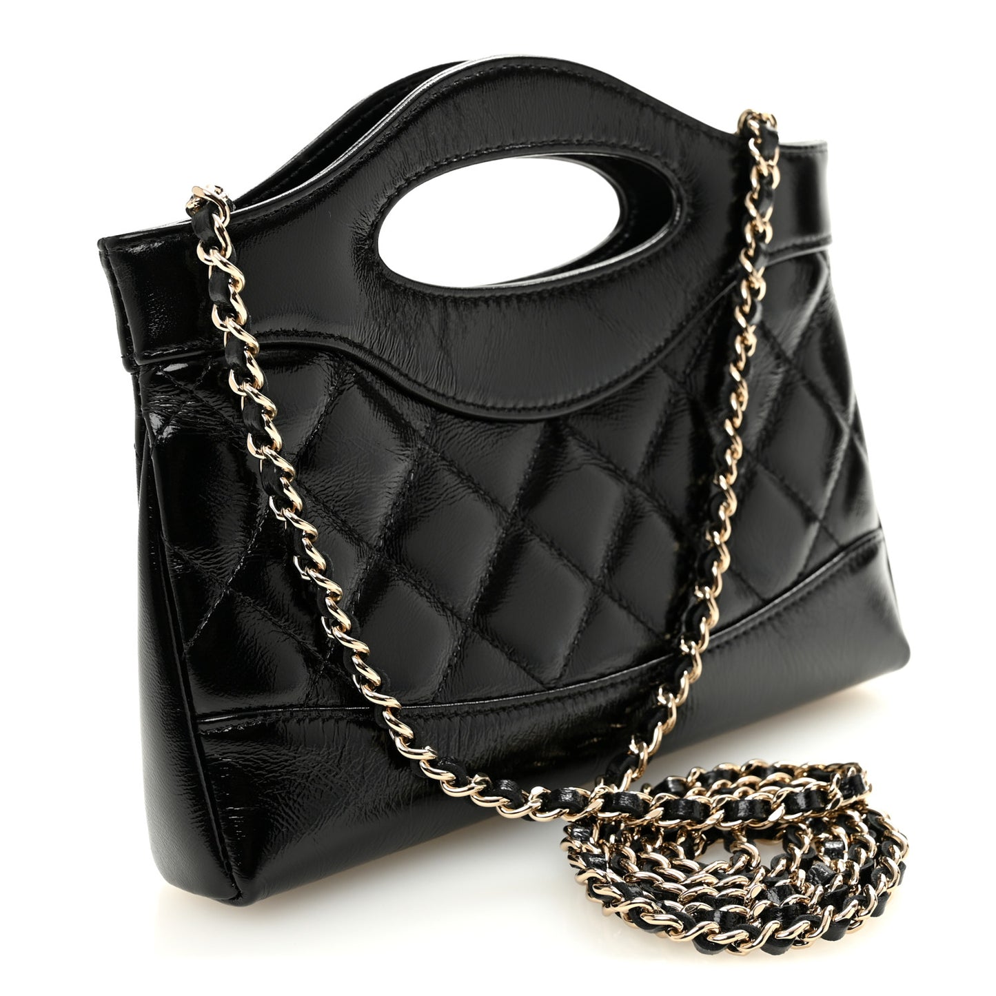 Shiny Crumpled Calfskin Quilted Nano 31 Shopping Bag Black