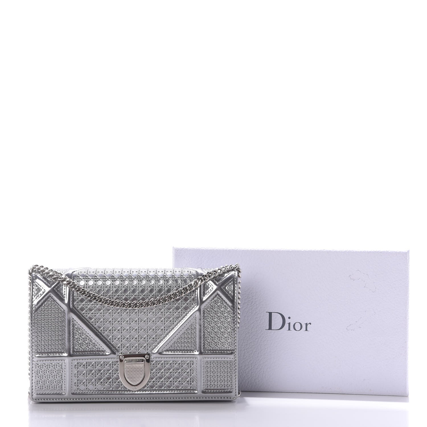 Christian Dior Metallic Patent Micro-Cannage Diorama Wallet on Chain Pouch Silver 9 of 9