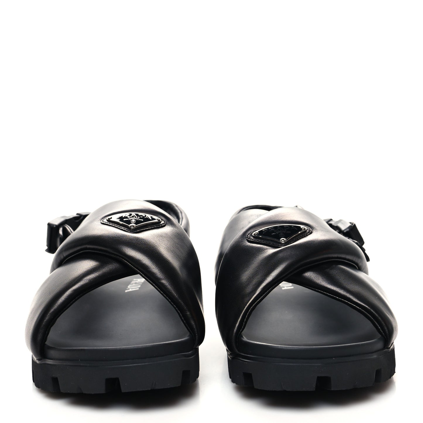 Nappa Soft Metal Triangle Logo Padded Monolith 55mm Slingback Sandals 9 Black
