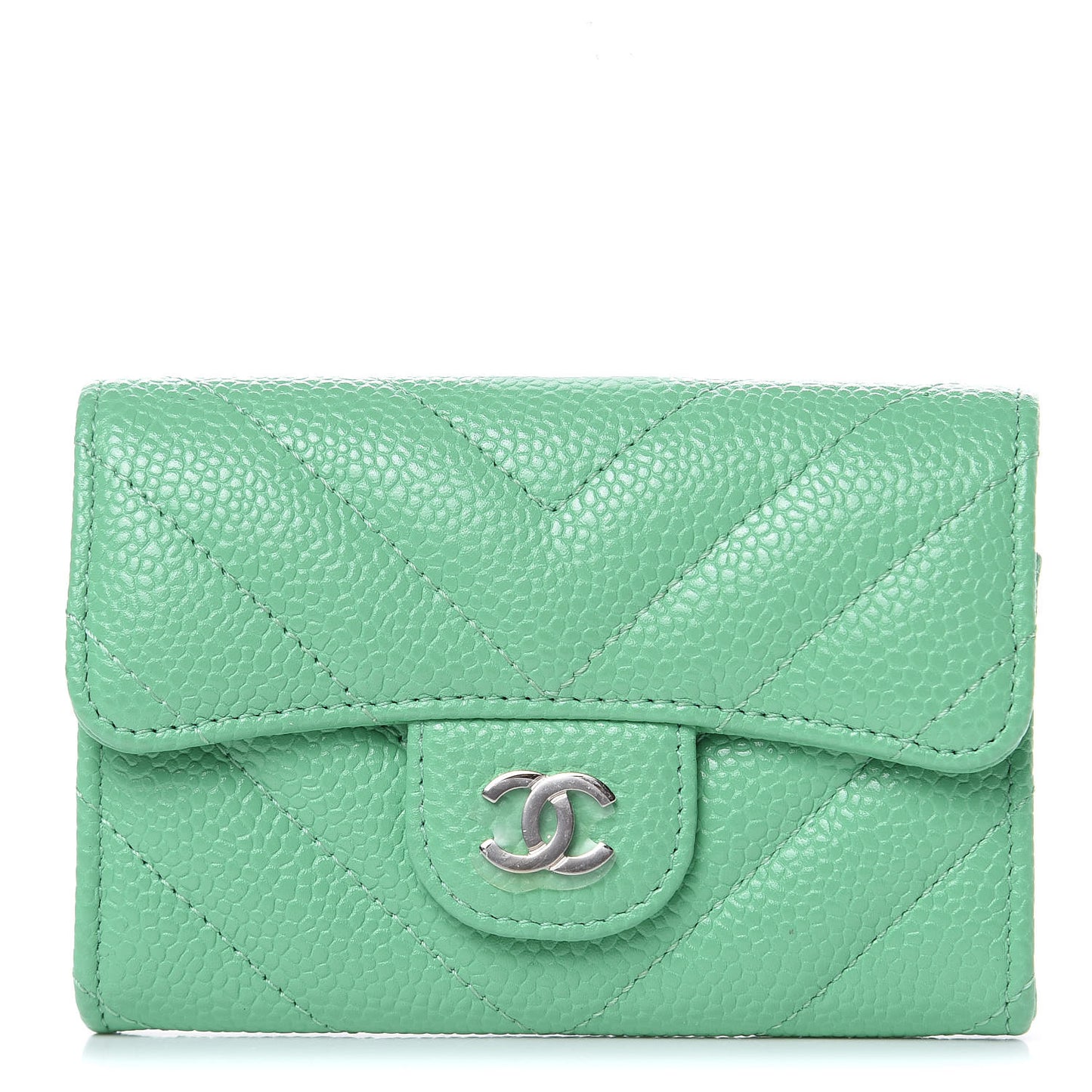 Caviar Chevron Quilted Flap Card Holder Green